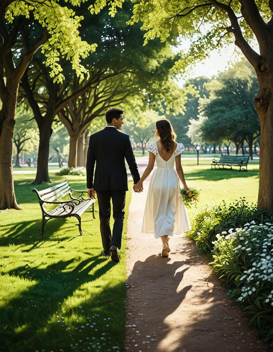 A heartwarming scene of a couple walking hand in hand through a lush green park, transitioning from youthful courtship to a comfortable companionship, with soft sunlight casting warm shadows. Surrounding them are subtle symbols of love like hearts and flowers in the background, representing their journey. The atmosphere should evoke feelings of warmth, intimacy, and lasting affection. super-realistic. vibrant colors. soft focus.