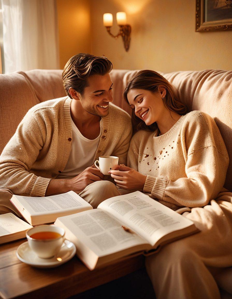 An enchanting scene of a couple sitting on a cozy couch, surrounded by soft golden light, sharing laughter and intimate conversation. Emphasize their deep connection with warm colors and subtle heart motifs in the background. Include elements like a journal and tea cups to symbolize trust and intimacy. super-realistic. warm colors. soft focus.