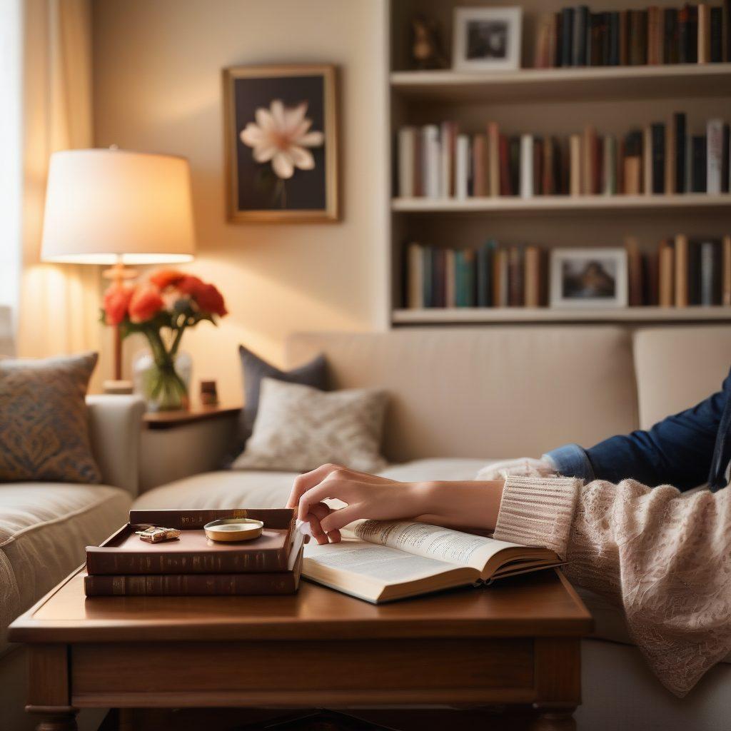 A serene couple sitting closely together on a cozy couch, sharing a heartfelt conversation, surrounded by warm ambient lighting and personal mementos symbolizing their journey. Soft colors and textures evoke intimacy and connection, with subtle symbols of support and love like intertwined hands and a blooming flower nearby. The background shows a softly blurred bookshelf filled with relationship books. super-realistic. warm colors. soft focus.